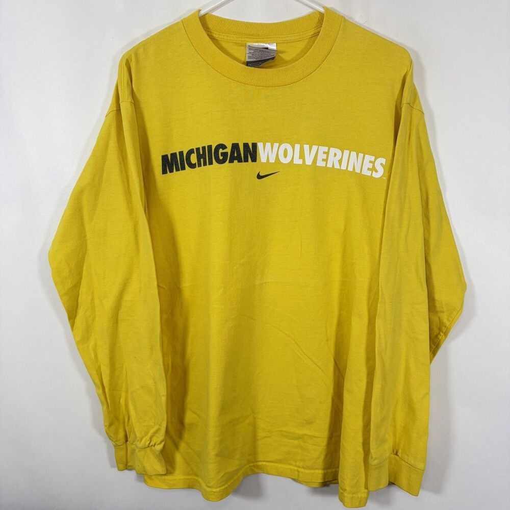 Michigan Wolverines Nike Long Sleeve T Shirt Large Yellow Center Swoosh VTG Y2K